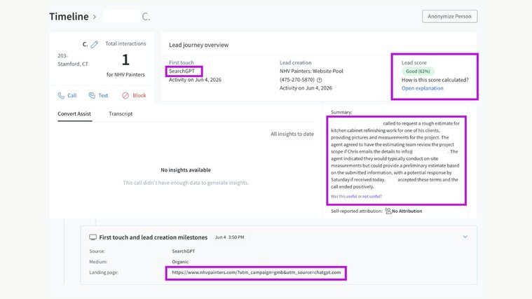 CallRail lead timeline showing SearchGPT first-touch attribution, a Good lead score, call summary, and ChatGPT landing page URL.