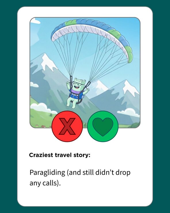 A dating app-style profile card showing a cartoon green castle mascot paragliding over a mountain range. The text reads: "Craziest travel story: Paragliding (and still didn’t drop any calls)."