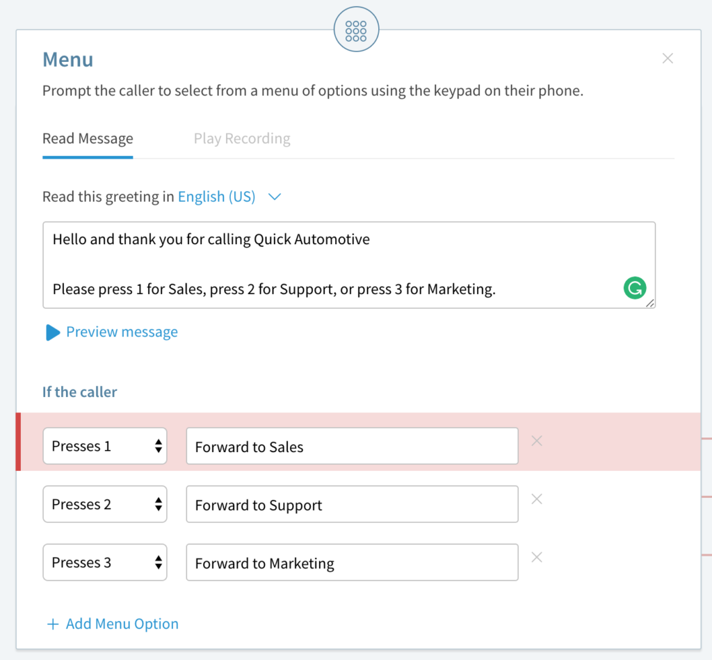 Screenshot of CallRail call flow set up