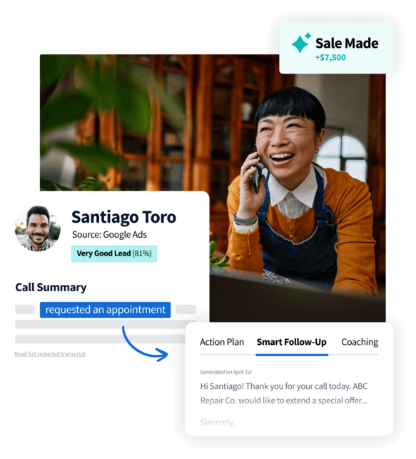 Interface showing a lead profile for Santiago Toro, a call summary highlighting an appointment request, and a smart follow-up message.