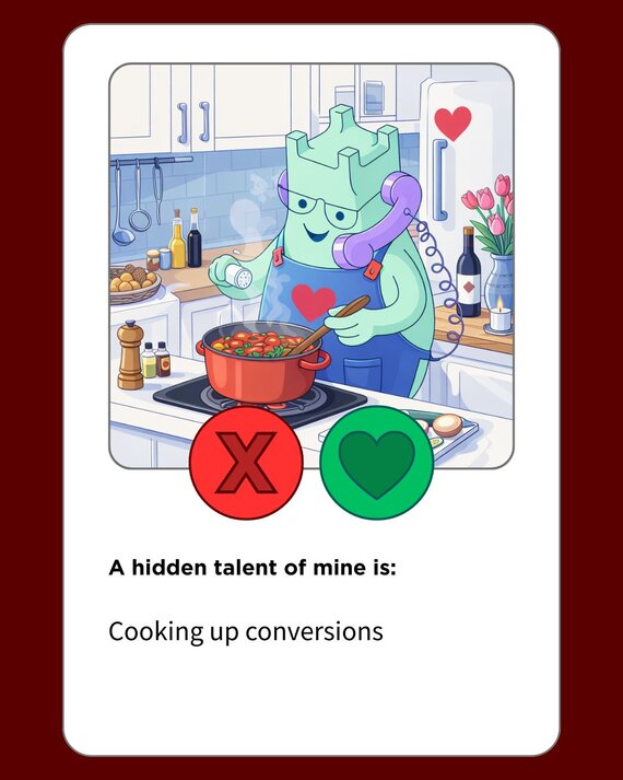Character with a phone-shaped head cooking at a stove in a kitchen, with red "X" and green heart buttons.