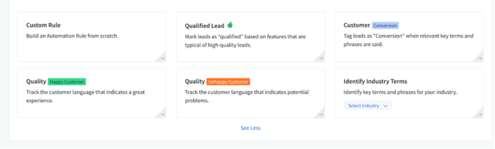 Interface showing automation rule cards: Custom Rule, Qualified Lead, Customer Conversion, Quality Happy/Unhappy Customer, and Industry Terms.