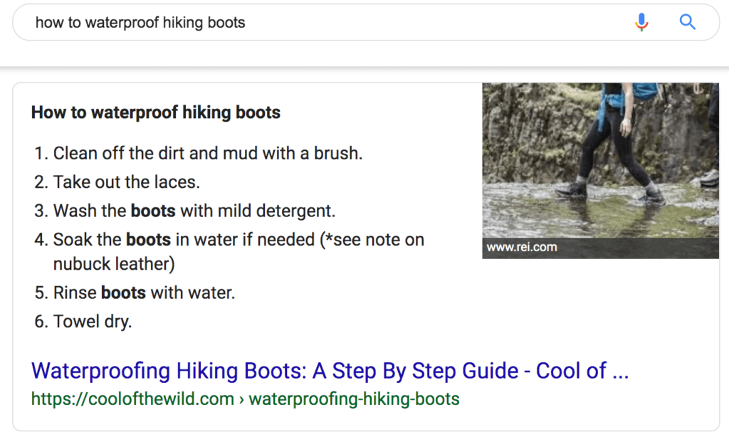 Featured snippet for waterproofing hiking boots