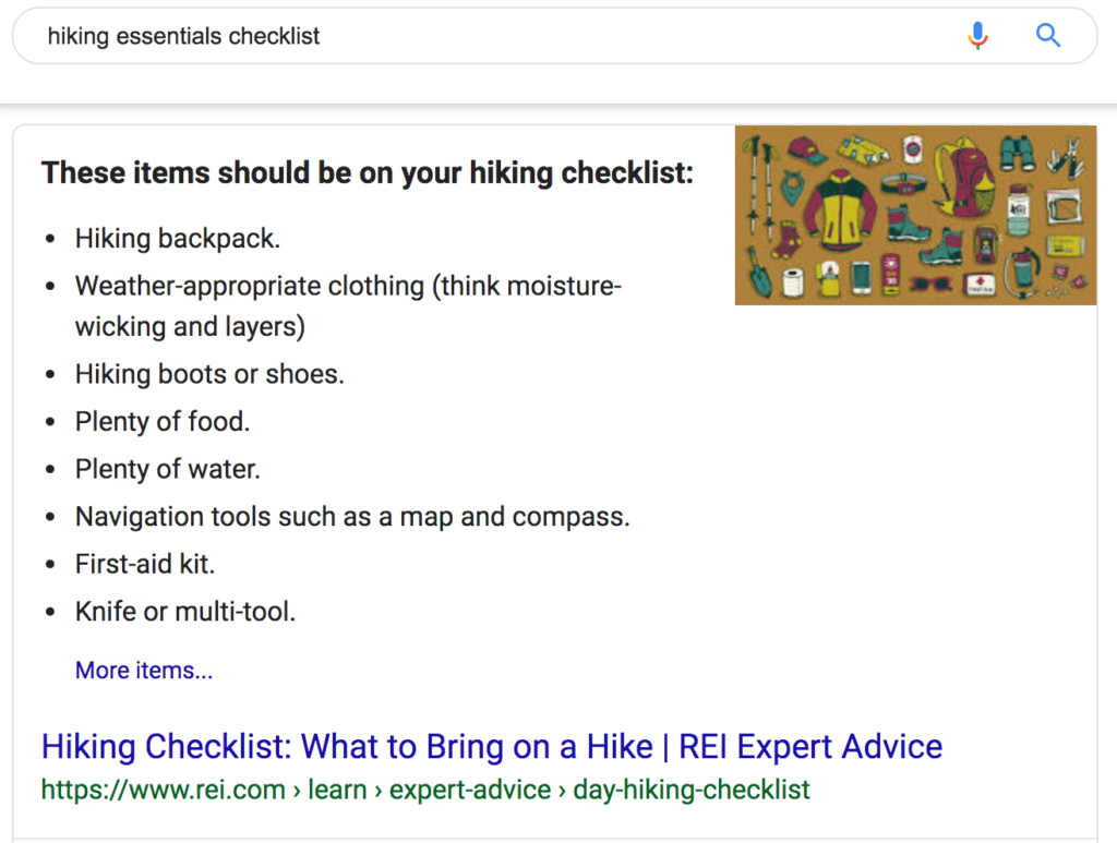 Bulleted list featured snippet of a hiking checklist