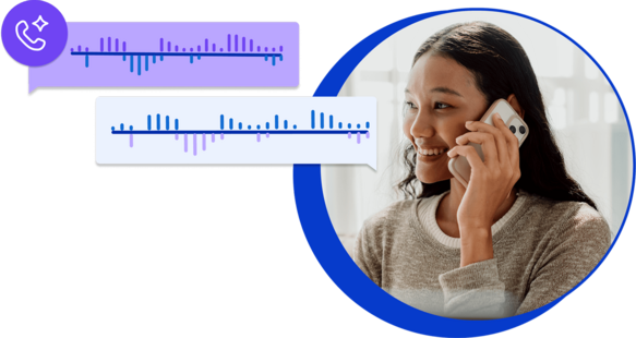 A smiling woman on a phone call, accompanied by two speech bubble graphics displaying sound wave visualizations.