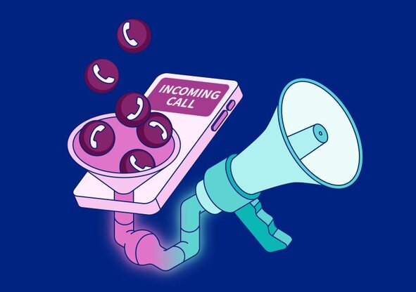 Megaphone icon connected by a purple branching path to a telephone handset and a smartphone with a text bubble.