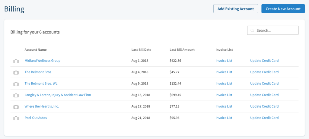 Screenshot of billing information for client's accounts in CallRail