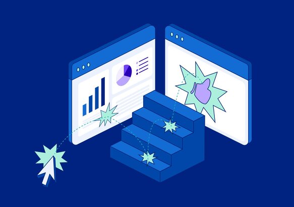 Isometric illustration of a cursor path clicking up blue stairs toward web windows displaying data charts and a thumbs-up icon.