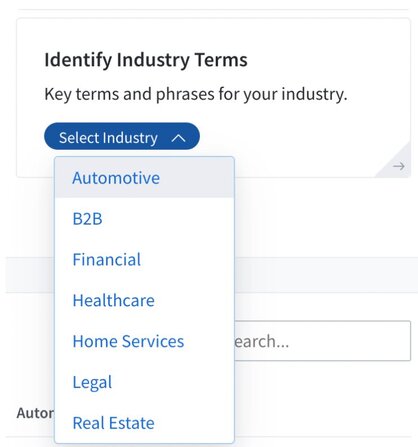 Screenshot of an "Identify Industry Terms" tool with a dropdown menu showing options like Automotive, B2B, and Financial.