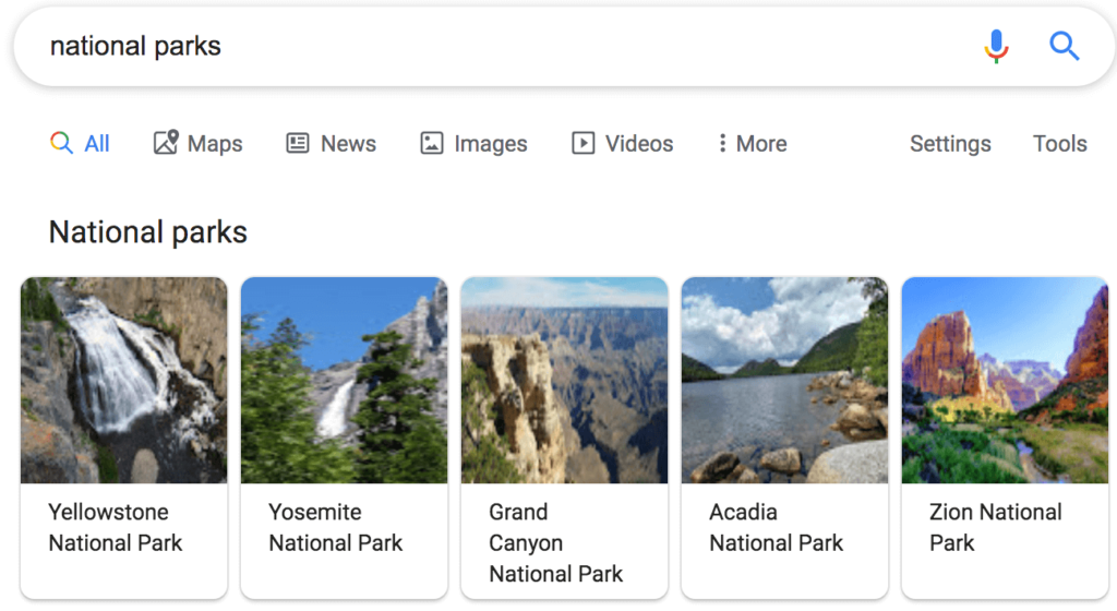 Google knowledge panel result for national parks