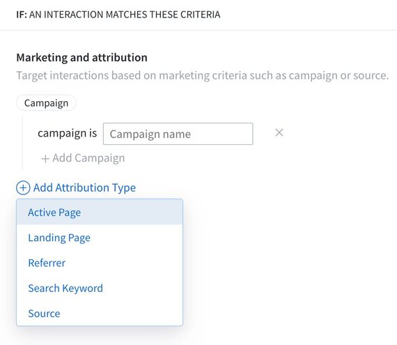 "Marketing and attribution" configuration screen with a Campaign name field and a dropdown menu for adding Attribution Types.