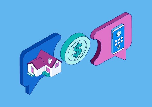 Isometric icons of a residential home and a smartphone dialer screen within speech bubbles, flanking a central green dollar sign coin.