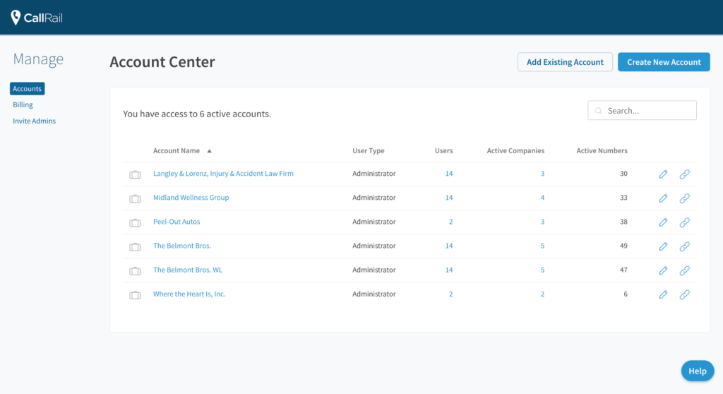 callrail account center interface