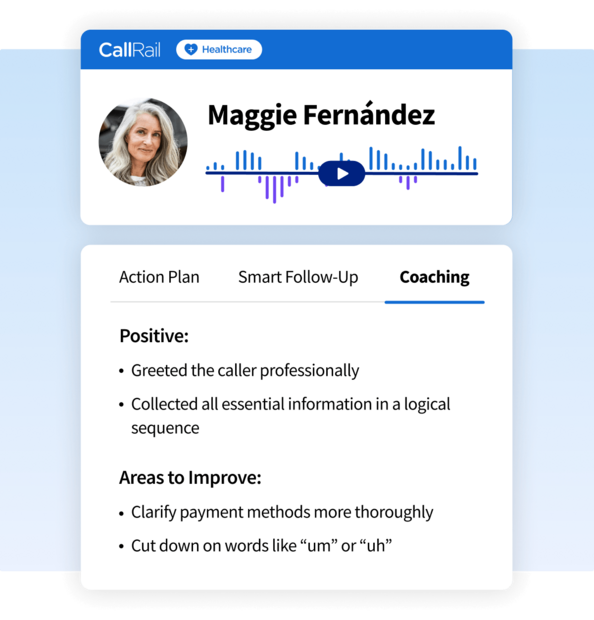CallRail dashboard showing a call recording for Maggie Fernández with coaching feedback on positive performance and areas to improve