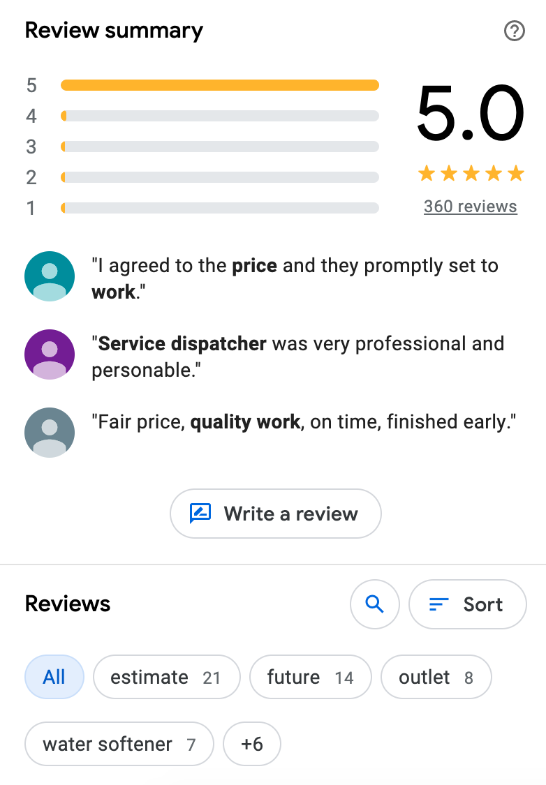 Example review summary for GMB home services listing 