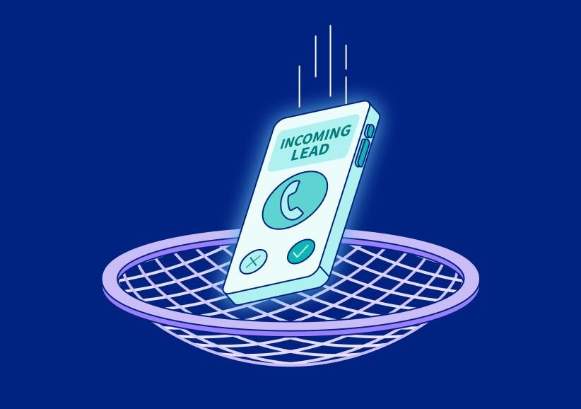 Mobile phone labeled "INCOMING LEAD" falling into a net
