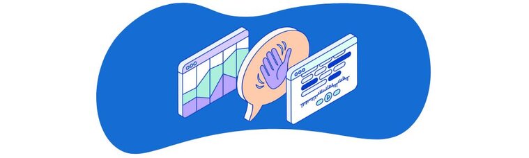 Illustration of a speech bubble with a waving hand between two webpage graphics.