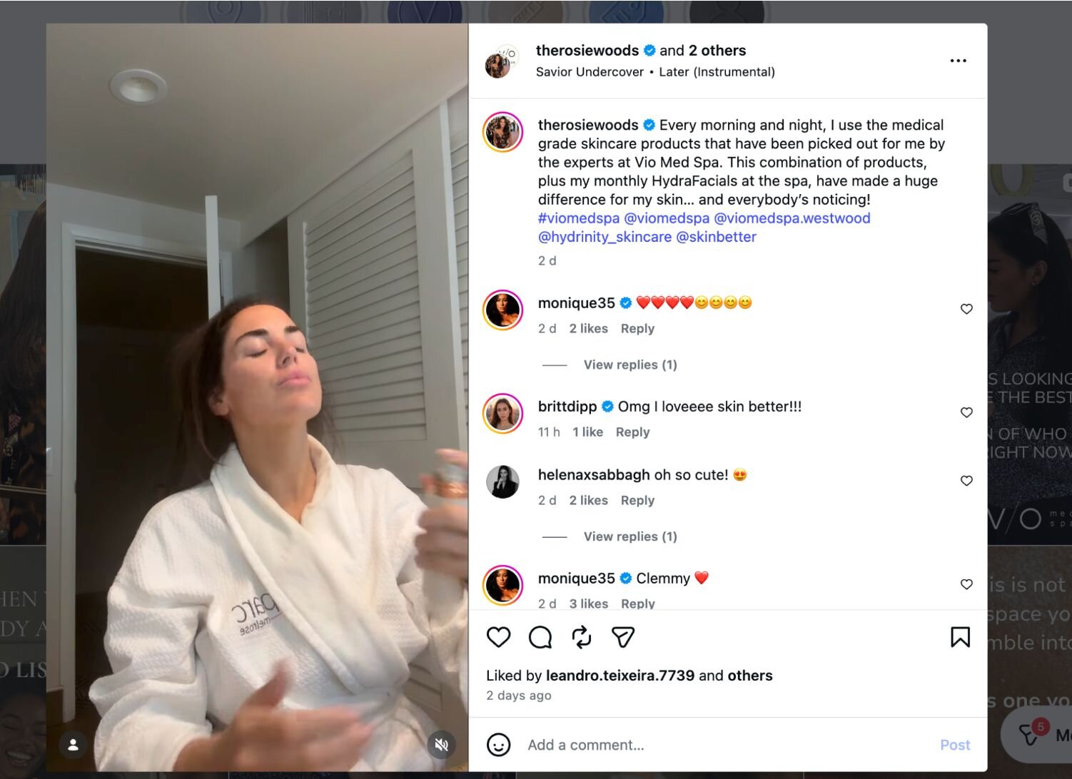 Instagram post by therosiewoods showing a woman in a bathrobe applying skincare, with text about Vio Med Spa.