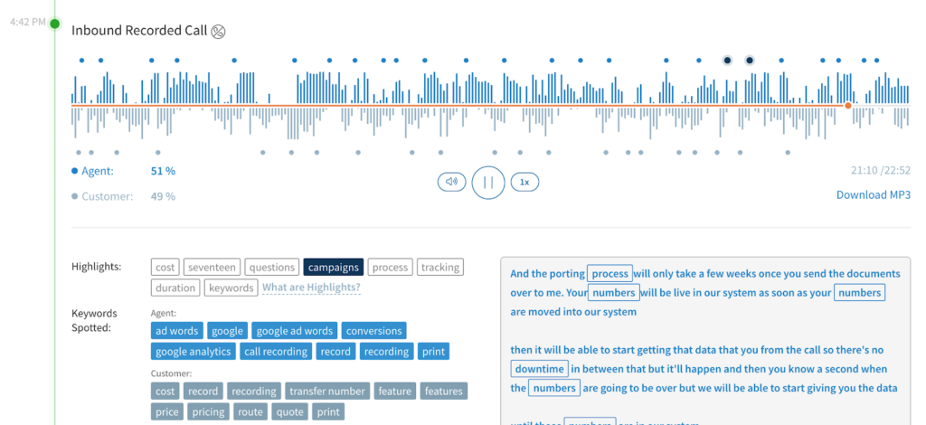 Inbound recorded call showcasing repeated keywords