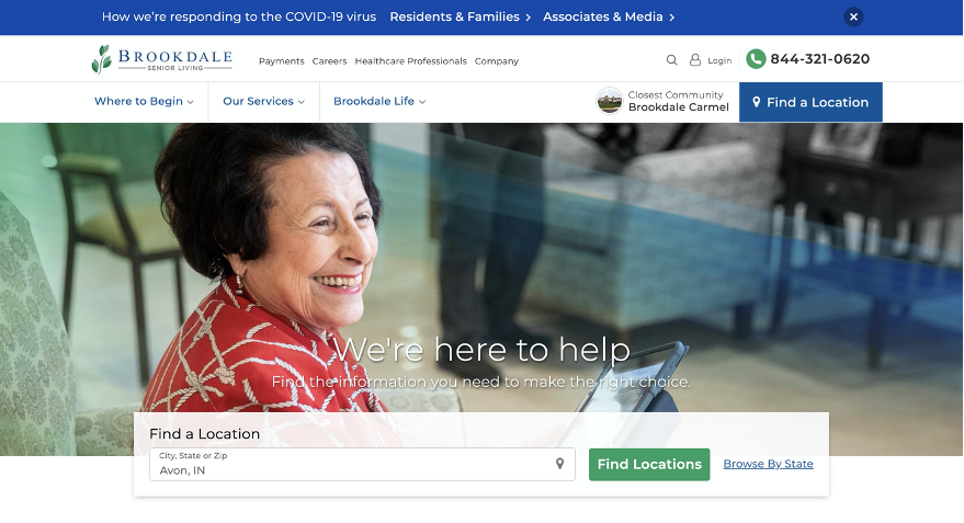 Brookdale Senior Living homepage on desktop