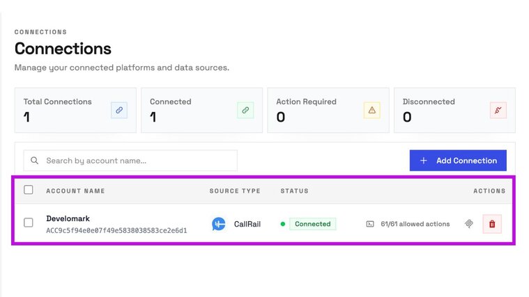 Connections dashboard highlighting active Developmark account connected to CallRail source type.
