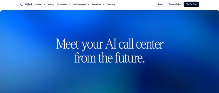Retell AI homepage screenshot depicting nav and hero message: Meet your AI call center from the future