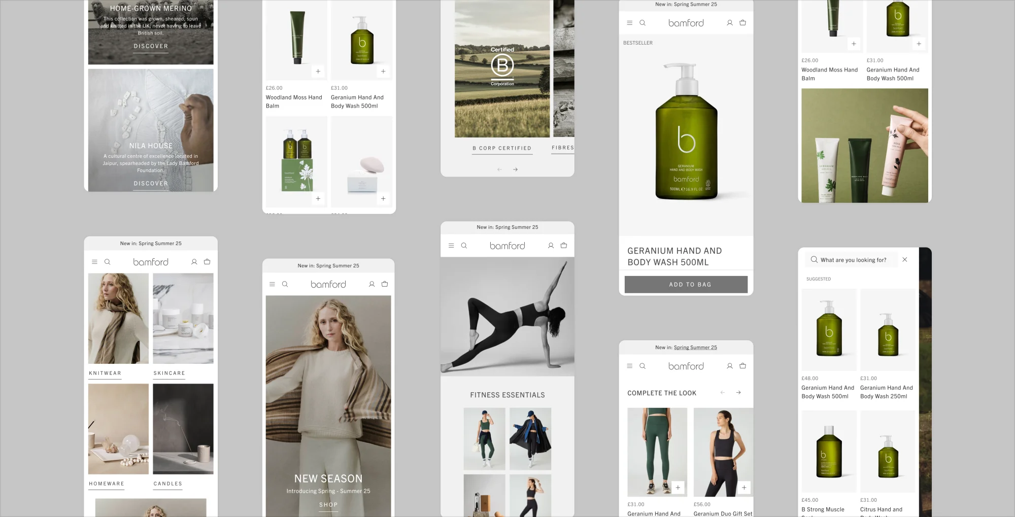 Bamford product collection showcasing skincare, wellness and lifestyle items across desktop and mobile interfaces