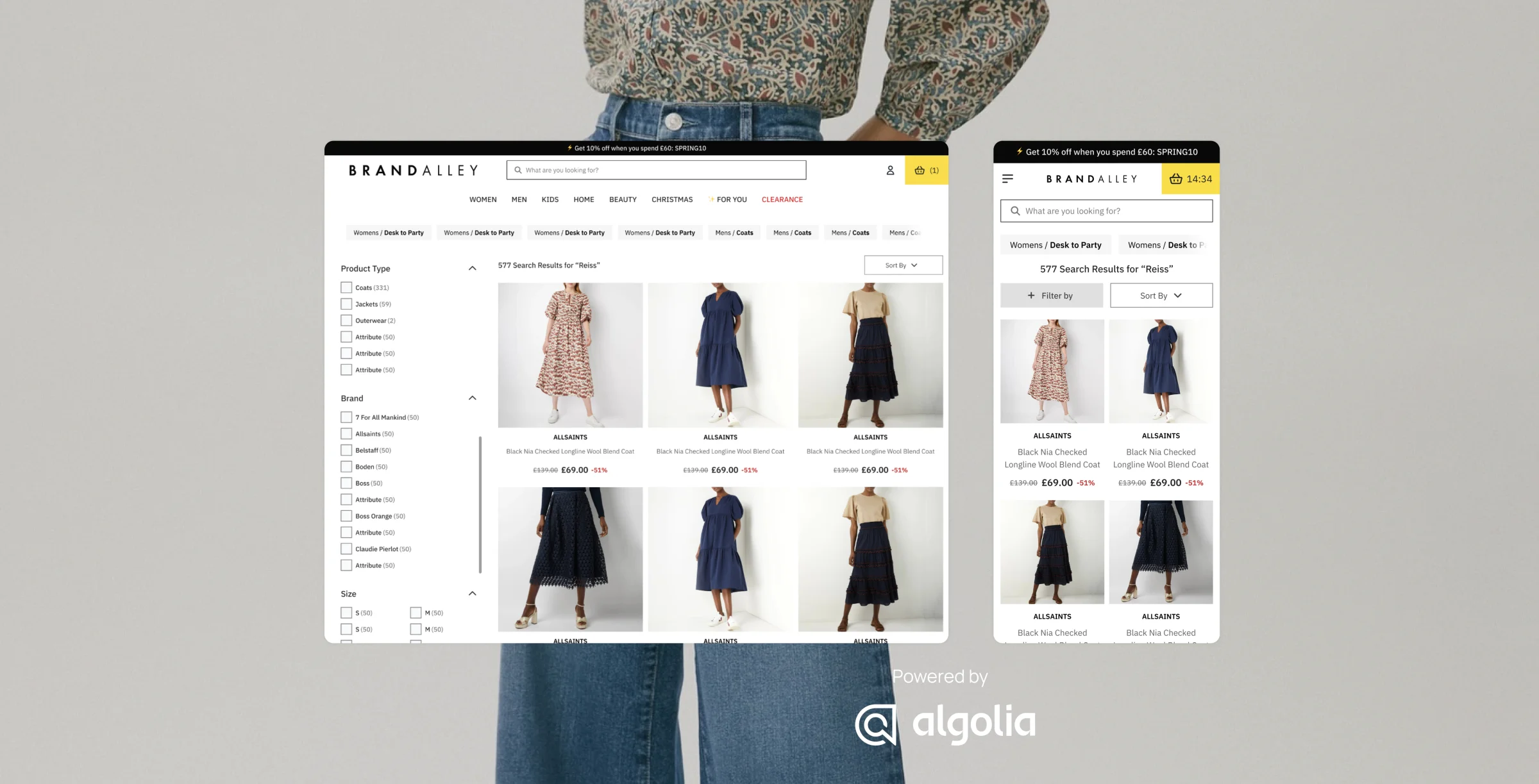 BrandAlley Algolia-powered search interface displaying product filtering, sorting options, and search results