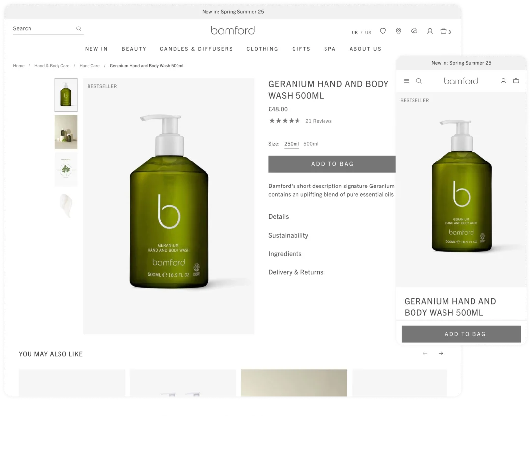 Bamford eCommerce website mockups showing 92% conversion increase after Hyvä migration