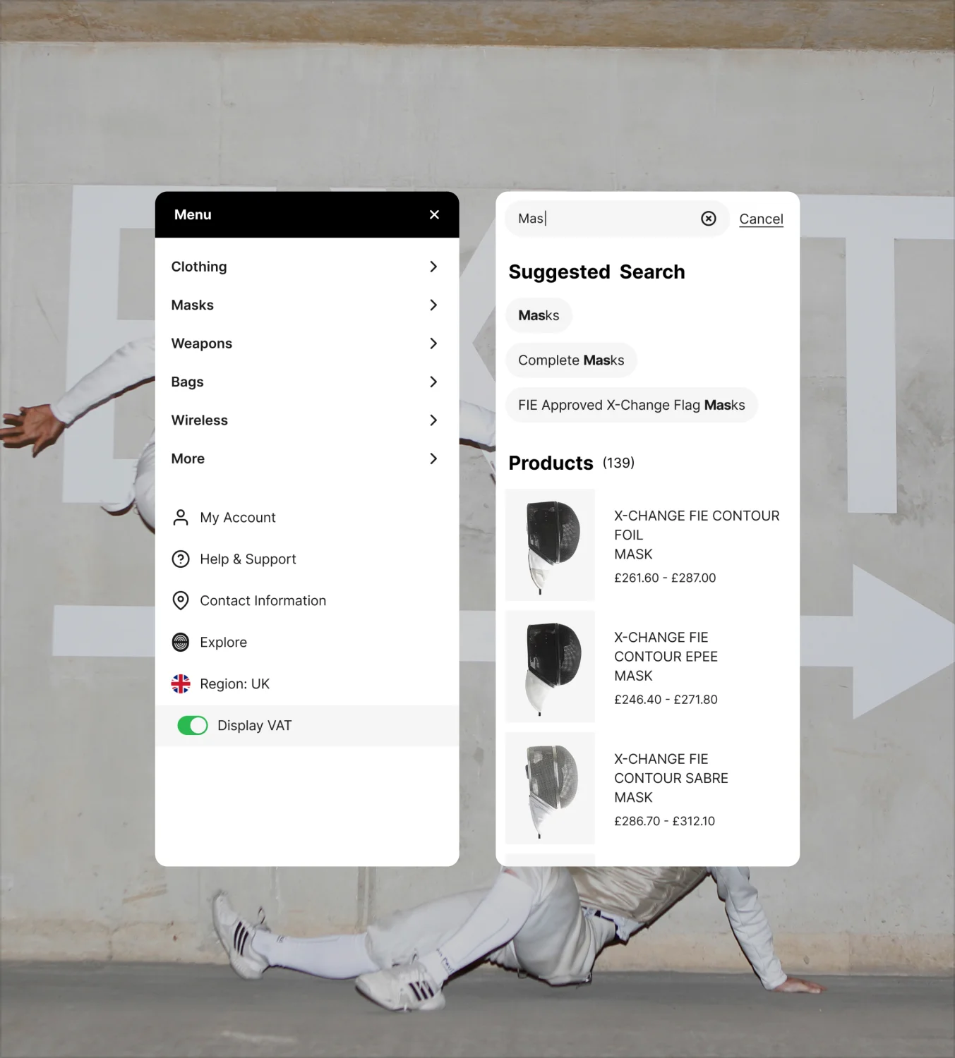 Leon Paul ecommerce storefront interface showing product search, menu navigation, and fencing equipment listings