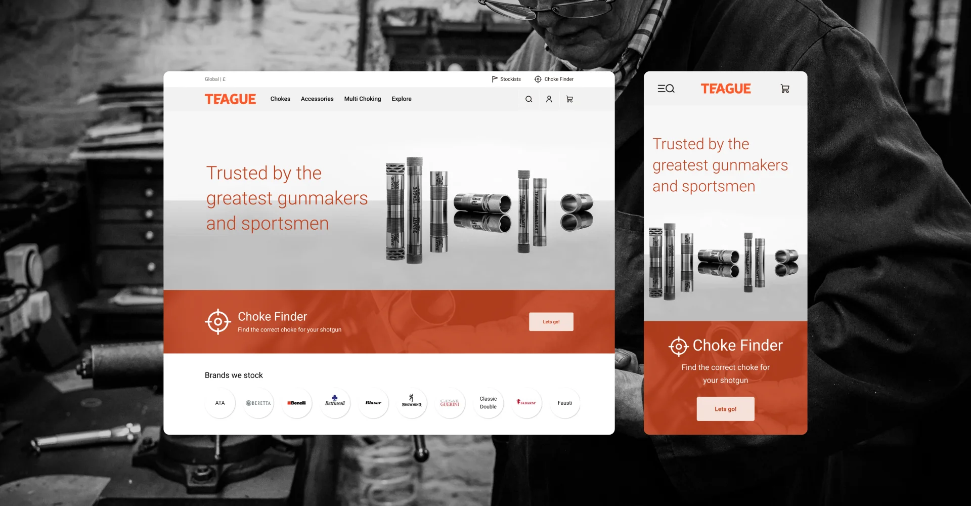Teague Chokes product pages showcasing technical details, specifications, choke length, weight, bore size, and inline accessory upsells for increased order value