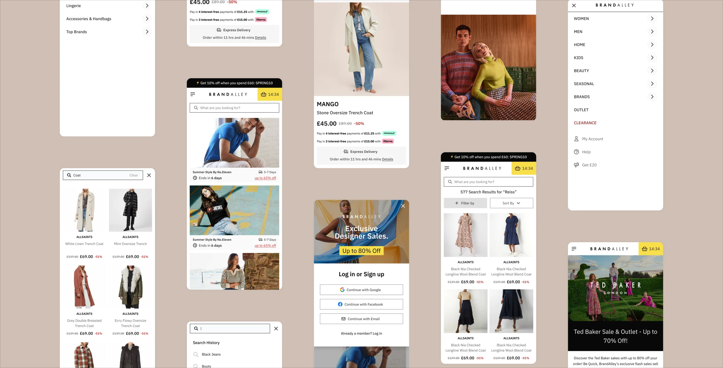 BrandAlley ecommerce homepage displaying featured products, search interface, and promotional content