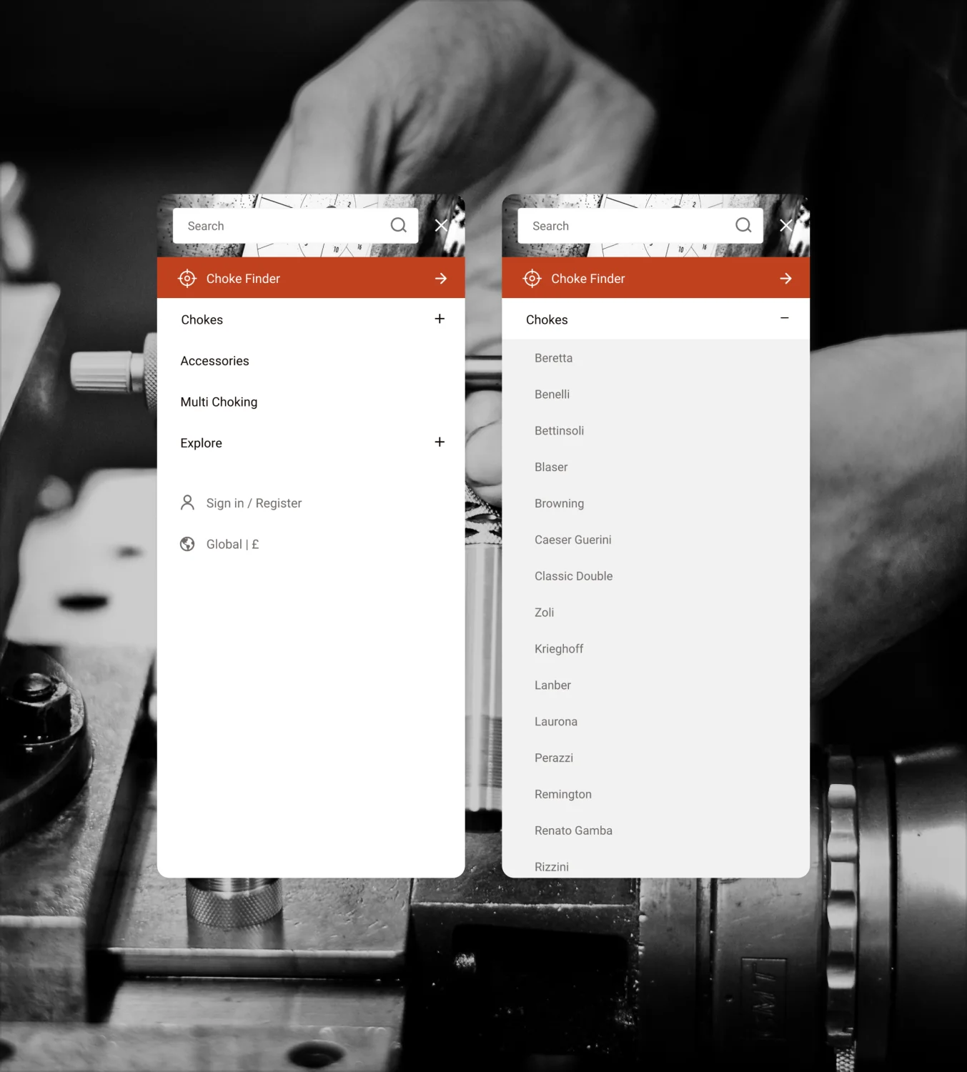 Teague Chokes mobile app showing Choke Finder tool with navigation menu for Chokes, Accessories, and Multi Choking options
