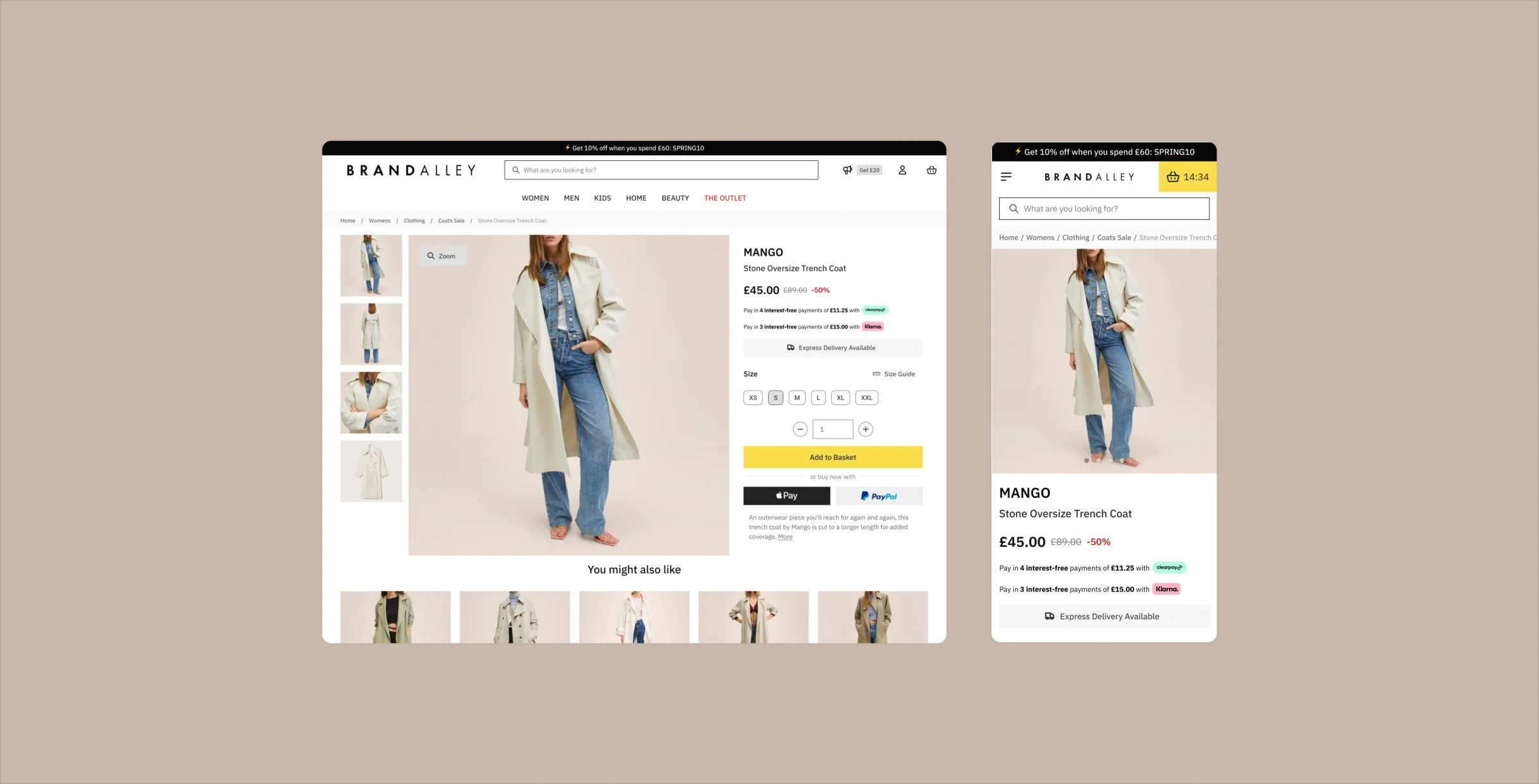 BrandAlley product detail page showing Mango Stone Oversize Trench Coat with pricing, payment options, and responsive mobile view