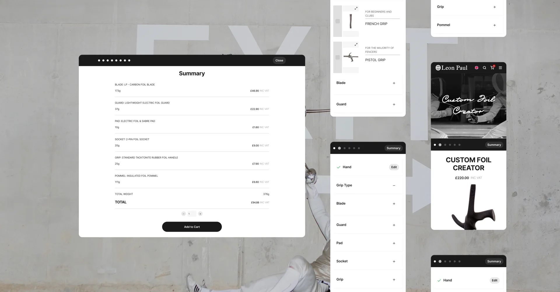 Leon Paul custom foil creator interface showing product customization options including blade type, guard, hand preference and grip selection