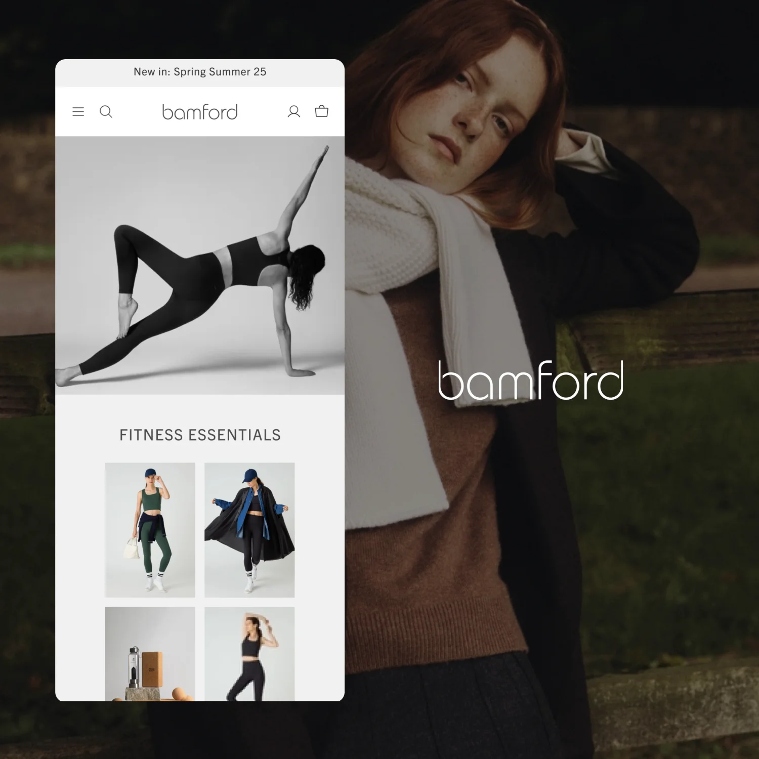 Bamford fitness essentials eCommerce mobile phone mockup displaying Spring Summer collection with product gallery and navigation interface