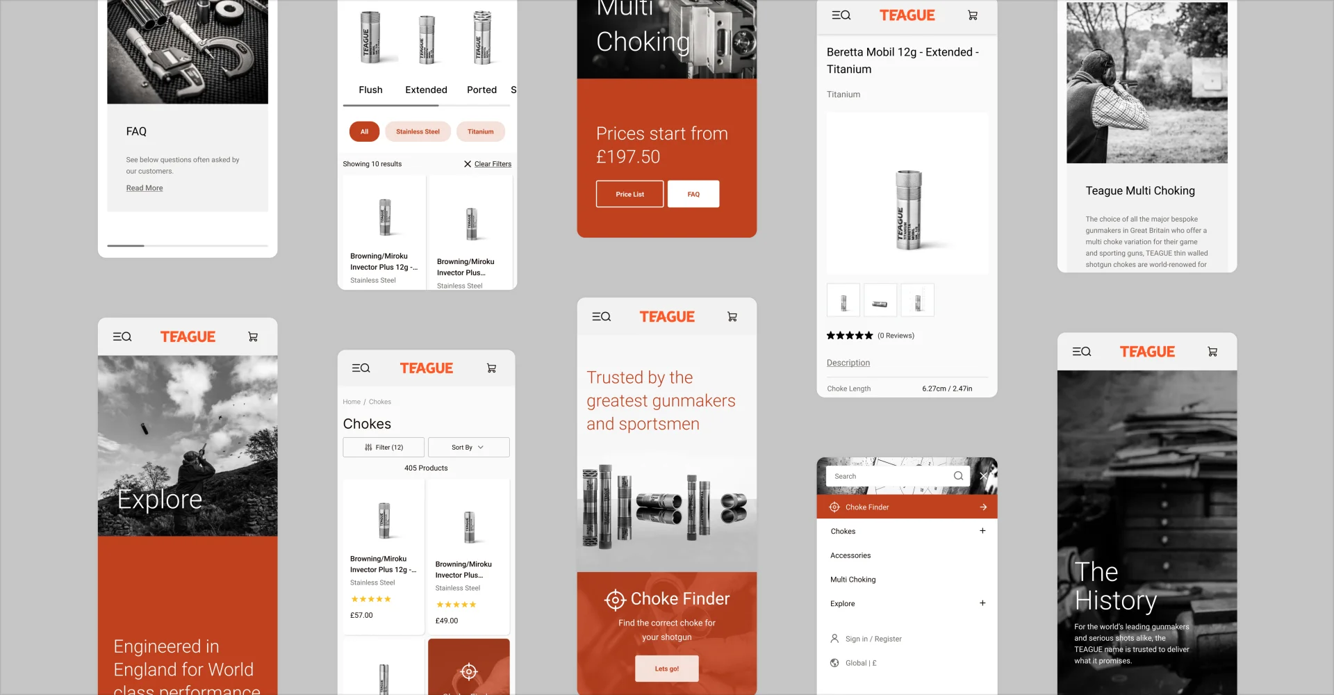 Teague Chokes website displayed on mobile devices showcasing product pages, multi-choking configurations, and choke finder tool