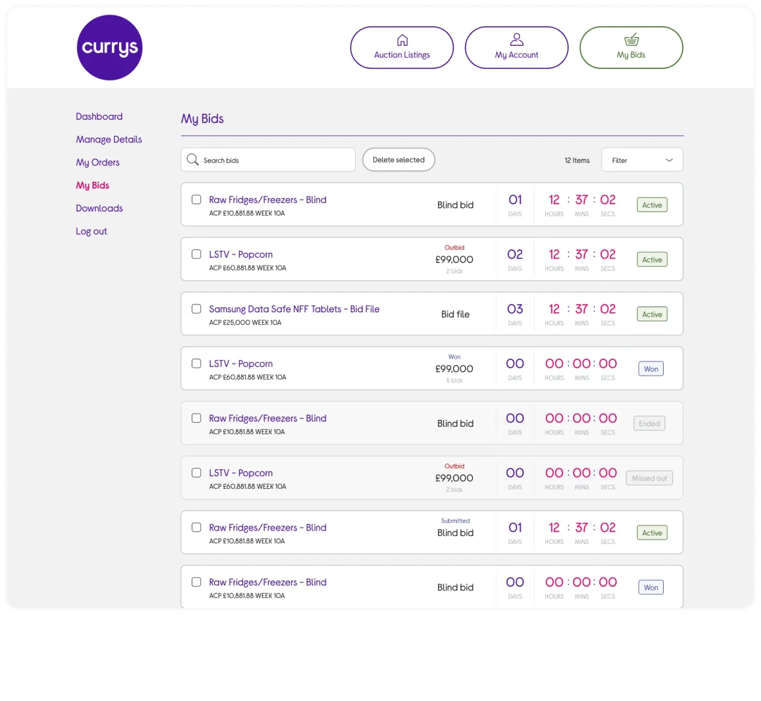 Currys auction system mockups showing 300% faster bid processing on Magento platform