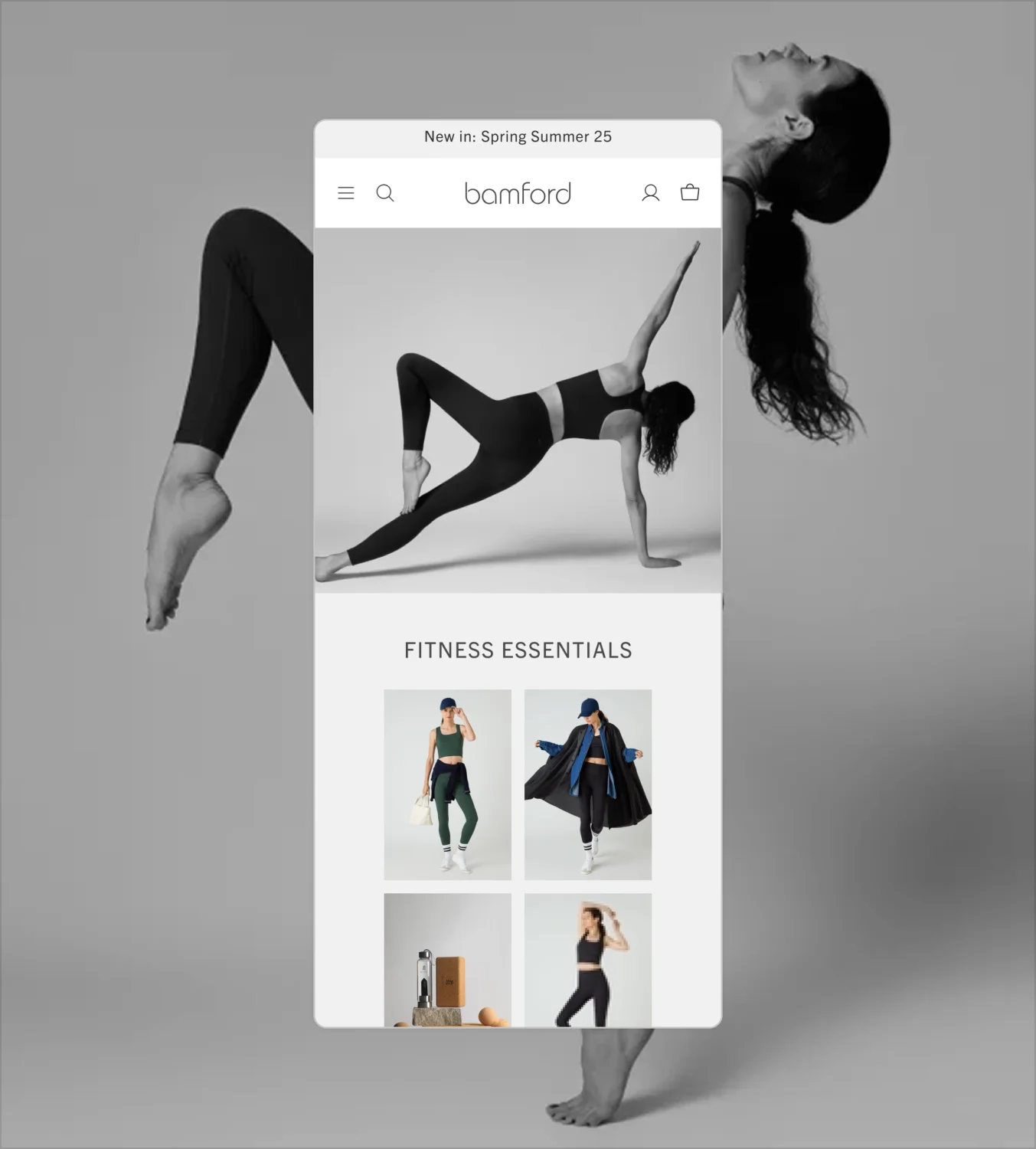 Bamford fitness essentials category page showcasing activewear collection with filtered product listings