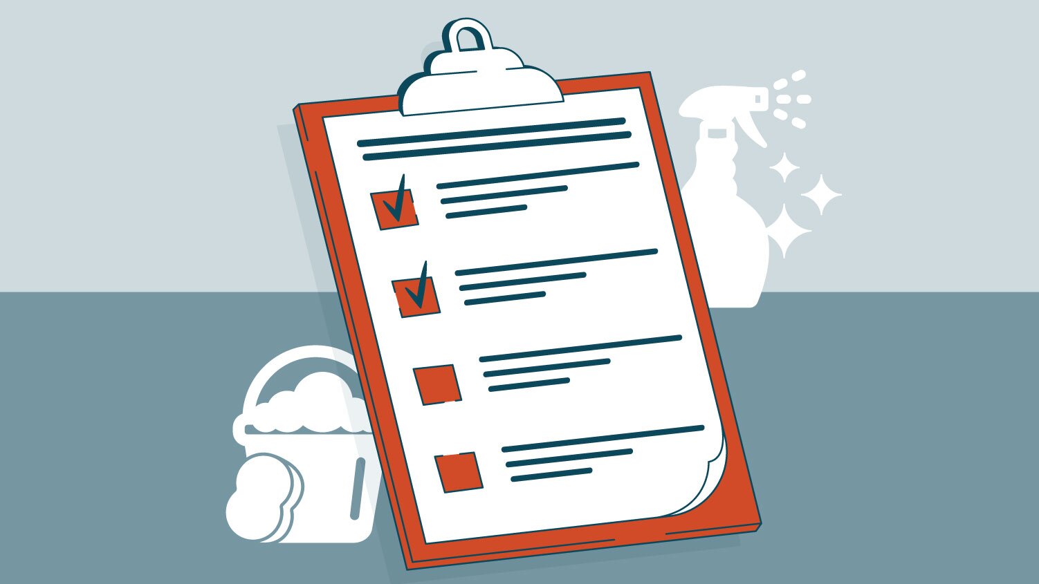 Illustration of a checklist on a clipboard with a stylized outline of a spray bottle and soapy bucket with sponge in the background.