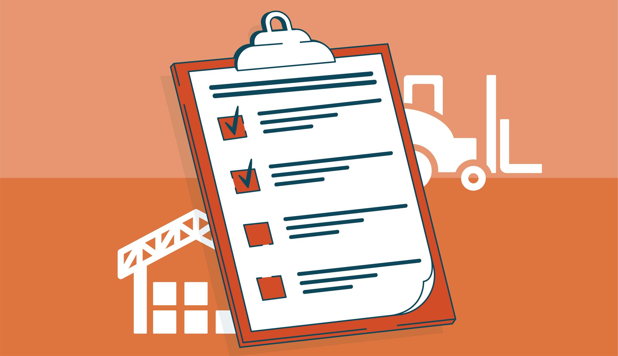 Illustration of a checklist on a clipboard with a stylized outline of a warehouse and forklift on an orange background.