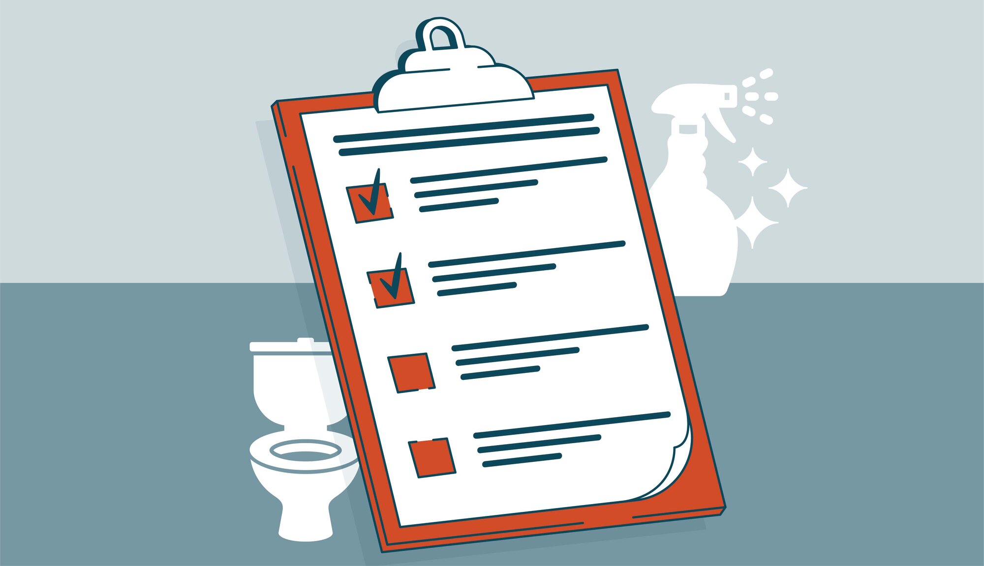 Illustration of a checklist with a toilet and spray bottle in the background.
