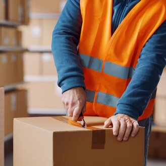 Warehouse employee wearing a reflective safety vest opens a sealed cardboard box with a utility knife.