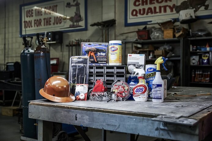 industrial shop - collection of tools and supplies in the work area