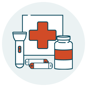 Keep Emergency Supplies on Hand: icon showing first aid supplies