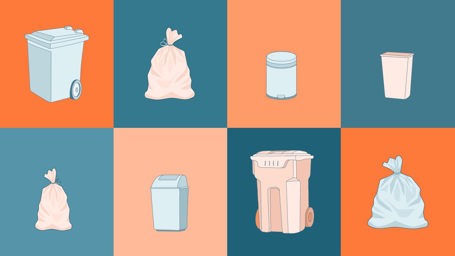 Illustrations of various trash bags and trash containers on a blue and orange checkerboard background.