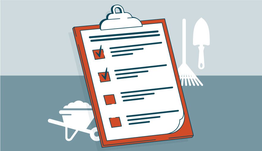 Illustration of a checklist on a clipboard with a stylized outline of a rake, trowel, and wheelbarrow in the background.