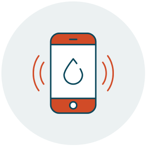 Image of a cell phone displaying a drop of water on the screen. Curved lines around the phone indicate a wireless signal.