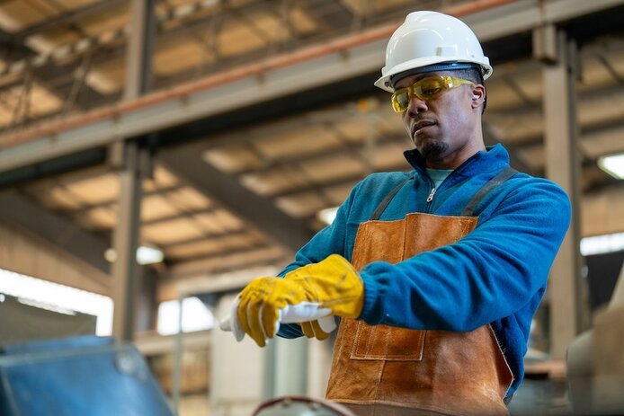 fabrication plant - operator securing his heavy duty work gloves - wearing coveralls, hard hat, safety glass, and ear protection.