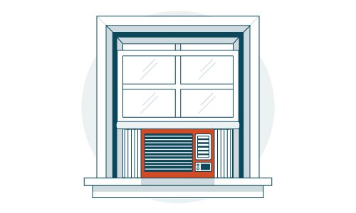 Illustration of a window air conditioner in a window with accordion extensions attached on each side